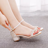 Crystal Queen High Heels White Wedding Sandals Bride Block Open Toe Prom Evening Formal Rhinestone Party Dress Shoes