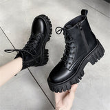 Women White Ankle Boots PU Leather Thick Sole Lace Up Combat Booties Female Autumn Winter Platform Shoes Woman