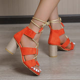 Women's Mix Color Round Heels Sandals Summer Lace Up Chunky High Heeled Gladiator Sandals Woman Roman Style