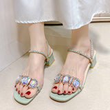 Fashion Rhinestone Sandals for Women Summer Square Heels Open Toe Slippers Woman Transparent PVC Jelly