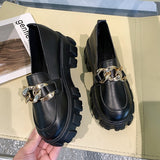 Women Spring New Black Platform Flats Shoes Women Loafers Slip on Boat Shoes Metal Chain Designer Casual Leather Oxfords