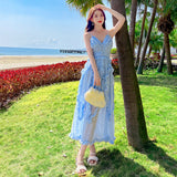 Summer Blue Midi High-waisted Strap Dress Women  Long Elegant Y2k Flowy Formal Dresses for Wedding Guest Bridesmaid Birthday