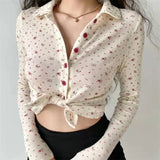 Vintage Cute Red Floral Print Fashion Woman Blouses Spring Turn Down Collar Long Sleeve Melville Tops Y2k Clothes