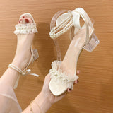 Clear Heels Party Sandals Woman  Cross Buckle Strap Female Shoe Med Cross-Shoes High Girls  Medium Fashion Summer Block Bow