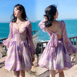 Pphmm Summer Mini Princess Dress Women Long Cute Fairy Short Ball Gown Dresses for Wedding Guest Birthday Prom Vacation, Purple