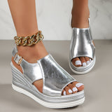 Gold Silver PU Leather Wedge Sandals for Women Summer Peep Toe Platform Sandles Woman Plus Size Thick Sole