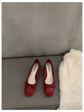 French Square Toe Bow Flats Shoes  Autumn Shallow Fairy All-match Gentle Office Dress Low Heels Pumps  Female  Ballerina