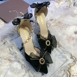 Retro Court Style Cosplay Flower Wedding Girl Mysterious Elegant Tea Party Gem Pearl Bow Lace Silk Satin 9cm High Heeled Shoes