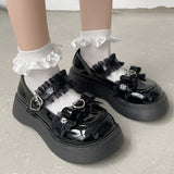 Lucyever Sweet Lace Bowknot Lolita Shoes Women Heart Buckle Patent Leather Mary Janes Woman  Round Toe Platform Flats Shoes