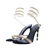 Round Head Rhinestone Slotted High Heel Sandals Fashion Open Toe Slim Heel Sexy Dress Women's Large Sandals