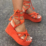 Summer Plus Size Platform Wedge Strappy Sandals Women Fashion Round Toe Cross Tied Height Increase Open Toe Women Sandals