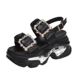 Metal Double Buckle Chunky Sandals Women Summer Shiny Crystal Platform Sandals Woman Fashion Pleated Thick Bottom Sandalias