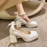 Lucyever Pearls Strap Platform Pumps Women Shoes  Fashion High Heels White Mary Janes Woman Thick Heeled Party Wedding Shoes