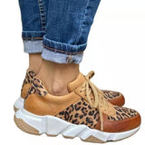 Plus size 36-44 New Thick-soled Round Toe Low-top Leopard Print Women's Singles Cross-large Stitching Lace-up Sneakers