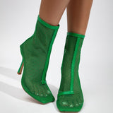 Summer New Fashion Sexy Square Head Mesh Zipper Dance Nightclub Green Shoes Women's High Heel Boots