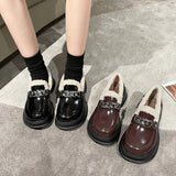 Women's Shoes Platform Round Toe Oxfords Casual Female Sneakers Slip-on Loafers With Fur British Style Clogs Leather New Slip On