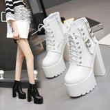 Women Black White Ankle Boots 14cm Super High Heels Square Heels Boots Zip Rivet Insole Sexy Women Boots verclo