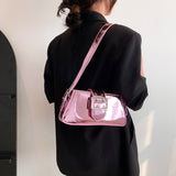 Silver Shouder Bags for Women Spring Y2K Small Purse Glossy PU Leather Luxury Brand Female Underarm Handbags Pink