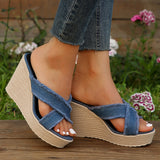 Cross Strap High Wedge Slippers Women Summer Blue Denim Chunky Platform Sandals Woman Non Slip Thick Sole Slides Flip Flops