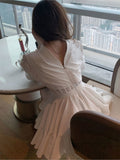 Elegant Hollow-out White Dresses For Women Spring New Long Sleeve Pleated Mini Dress French Style Shirt Vestidos