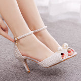 Crystal Queen White Pearl Sandals Women Open Toe High Heels Lady Luxury Wedding Shoes Banquet Dress Stiletto