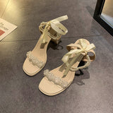 Clear Heels Party Sandals Woman  Cross Buckle Strap Female Shoe Med Cross-Shoes High Girls  Medium Fashion Summer Block Bow