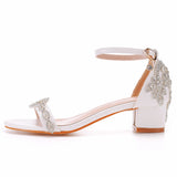 Crystal Queen High Heels White Wedding Sandals Bride Block Open Toe Prom Evening Formal Rhinestone Party Dress Shoes