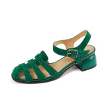 Shoes Women Genuine Leather Gladiator Sandals Thick Heel Sandals Mid Heels Buckle Kid Suede Ladies Footwear Summer Green