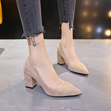 New Women Pumps Flock Sweet Thick High Heels Female Sexy Office Pointed Toe Dress Work Pump Cute Shoes Ladies Footwear