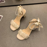 Clear Heels Party Sandals Woman  Cross Buckle Strap Female Shoe Med Cross-Shoes High Girls  Medium Fashion Summer Block Bow