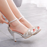 Crystal Queen Women Wedding Shoes Bride Sandals White Rhinestones Silver Platform Dress Thin High Heels Ladies Pumps