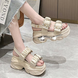 Metal Double Buckle Chunky Sandals Women Summer Shiny Crystal Platform Sandals Woman Fashion Pleated Thick Bottom Sandalias