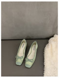 French Square Toe Bow Flats Shoes  Autumn Shallow Fairy All-match Gentle Office Dress Low Heels Pumps  Female  Ballerina