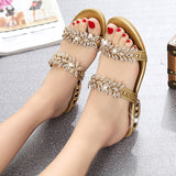 Shiny Crystal Slippers Women Luxury Rhinestone Med Heels Sandals Woman Bohemian Gold Strange Heel Flip Flops Summer Shoes