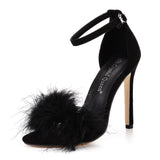 Crystal Queen Women Summer Sandals Fluffy Peep Toe Stilettos High Heels  Fur Feather Lady Wedding Shoes  Large Size 42