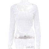 Casual White Long Sleeve T-Shirt Women Slim Skinny Low Neck Top Tees Streetwear Cropped Pullover Ruched Tops Y2k