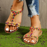 Women's T-Strap Colorful Beaded Flat Sandals Open Toe Elastic Ankle Strap Gladiator Shoes Woman Summer Bohemian Beach Sandals