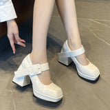 Black White Platform Mary Jane Shoes for Women Heels Retro Square Toe Buckle Women Pumps  Super High Heels Dress Shoes