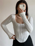 Casual White Long Sleeve T-Shirt Women Slim Skinny Low Neck Top Tees Streetwear Cropped Pullover Ruched Tops Y2k