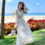 Summer White Maxi Dress Women Long Sleeve Elegant Vintage Y2k Flowy Ball Dresses for Wedding Guest Bridesmaid Birthday Prom