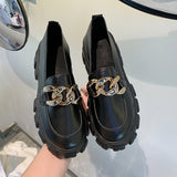 Women Spring New Black Platform Flats Shoes Women Loafers Slip on Boat Shoes Metal Chain Designer Casual Leather Oxfords