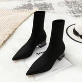 Women's Dress Pointed Mid-heeled Short Ankle Boot Female Autumn Knitted Block Low Heel High Socks Boots Shoes for women