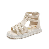 Girls Roman Sandals Open Toe Braided Solid Color High-top Simple Rivets New Summer Hollow Flat Casual Shoes Kids Fashion Casual