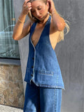 Backless Strap Denim Tank Top Women Clothing Summer Y2k Sleeveless Tops Woman Blue Washed Retro Loose Vest Female