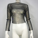 Evening Club Party Sparkly Tops For Women Diamonds Cropped Top Outfits Y2k Accessories Hollow Out Glitter Fishnet Tops