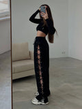 Knitted Slit Hollow Sweatpants Women Solid Tie High Waist Loose Summer Trousers For Ladies Casual Streetwear Pants Woman