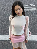 Splice Bow Shirts For Women Slim O Neck Long Sleeve Crop Tops Female  Autumn Fashion Bodycon White Tshirts Ladies New