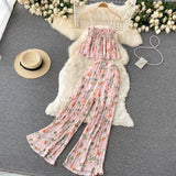 Pphmm Women Summer Casual Floral Print Pants Set Sexy Sleeveless Strap Short Tops & High Waist Pants Fashion Two Piece Set