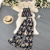 Pphmm Women Summer Casual Floral Print Pants Set Sexy Sleeveless Strap Short Tops & High Waist Pants Fashion Two Piece Set